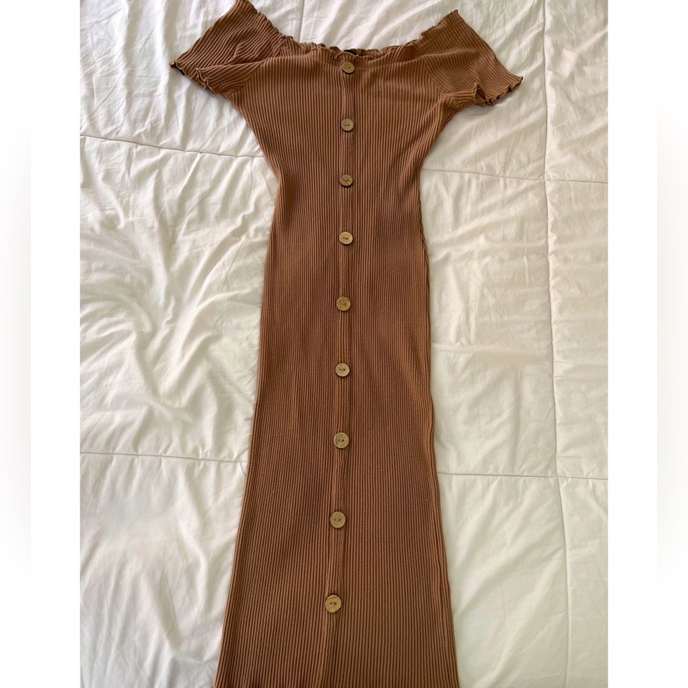 Brown ribbed bodycon midi dress